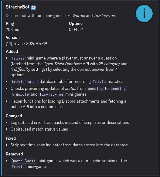 Bot info command output